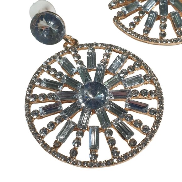 Crystal Sunburst Dangle Earrings Gold Clear Rhinestones Retro Modern Design - Picture 2 of 4